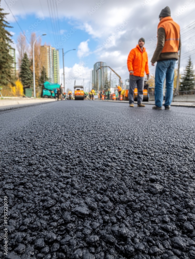 Fototapeta premium Road Construction Crew Working on Asphalt Pavement Laying and Repair in Urban Setting for Infrastructure Development