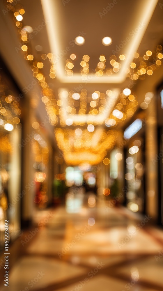 Obraz premium Blurred shopping mall interior with festive golden bokeh lights