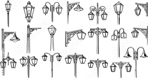 Vintage Streetlights and Lanterns Sketch Collection: Hand-Drawn Outline Icons of Classic Outdoor Lamps, Poles, and Brackets for Urban and Garden Design