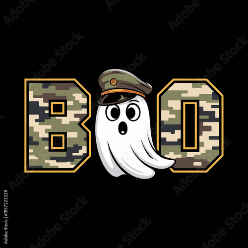 A cartoon ghost wearing a military hat is centered between camouflage-patterned letters spelling 'BO