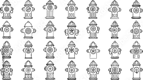 Collection of 35 diverse fire hydrant vector outlines. Set of black and white line art icons and symbols, illustrating various styles for emergency and urban design projects.