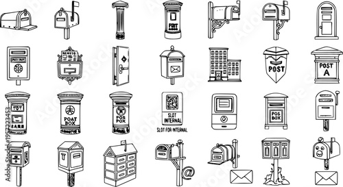 Collection of Mailboxes and Postal Boxes: Doodle Style Vector Illustration