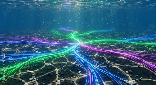 A Underwater scene showing critical data cable,conceptual 3D illustration of glowing fiber optic cables branching out across a dark seabed under deep blue water with shimmering light particles.