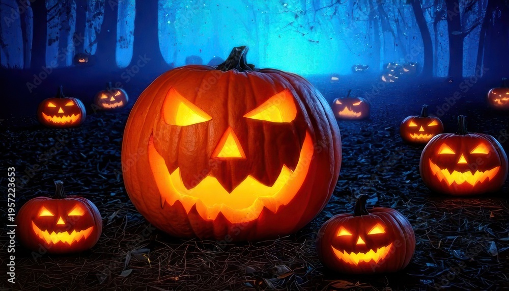 Fototapeta premium Spooky Halloween Night - Carved Pumpkins Glowing in the Dark Forest.