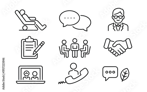 Therapy and support line icons, therapy couch, speech bubble, psychologist, group session, notebook and pen, teletherapy screen, support hotline, handshake of trust, counseling and mental wellness.
