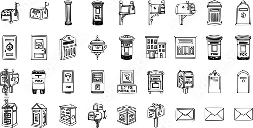 Mailboxes Variety Vector Illustration: Hand-Drawn Collection of Post Office and Delivery Box Icons