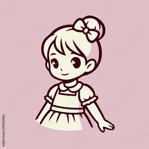 Logotipo de boutique de moda infantil. Dibujo sencillo con líneas de una niña con un vestido, con un nudo de lazo en el cabello 