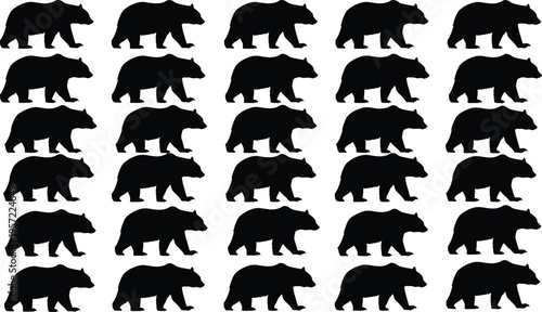 Bear black silhouette vector set, grizzly and brown bear icons, wild forest animal walking side view collection, cad drawing flat vector illustration, flavector.