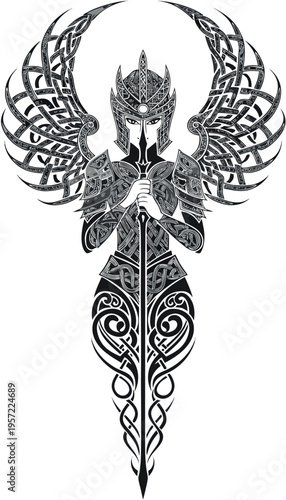 A warrior stands tall with wings made of detailed patterns. This figure wears armor and holds a spear. The artwork features black and white colors with intricate designs across the body.