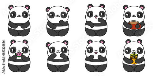 Cute cartoon panda character set. Cute Kawaii panda with boba tee, panda with watermelon. Bamboo panda bear for cards, print, decoration, printing on clothes. Stock vector illustration isolated on whi