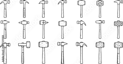 Collection of 21 different types of hammers and mallets, hand-drawn in black and white sketch style. Various tools for carpentry, construction, and DIY projects.