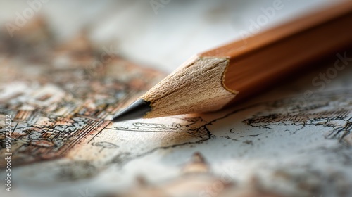Macro shot of a wooden pencil tip pointing to a detailed vintage map