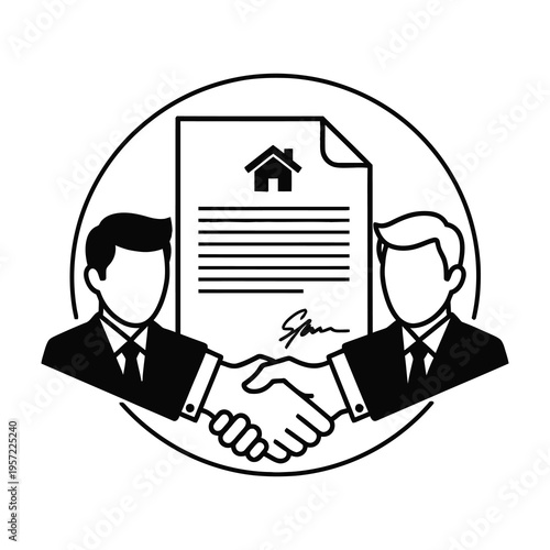 Businessmen shaking hands over signed real estate document with house icon partnership and agreement concept black and white illustration professional handshake