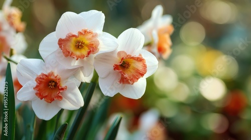Beautiful Spring Daffodils with Orange Ruffled Cups in Soft Sunlight