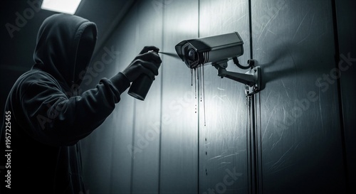 Hooded criminal spraying black paint on security camera. Man destroying surveillance device to hide illegal activity. Vandalism and obstruction of justice concept. Cyber security threat.