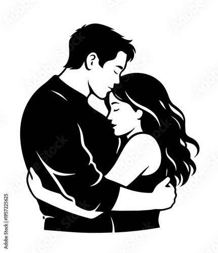 Silhouette portrait of a couple in a warm embrace, showing comfort and emotional closeness. Black and white romantic vector for love themes, wedding materials and anniversary art.