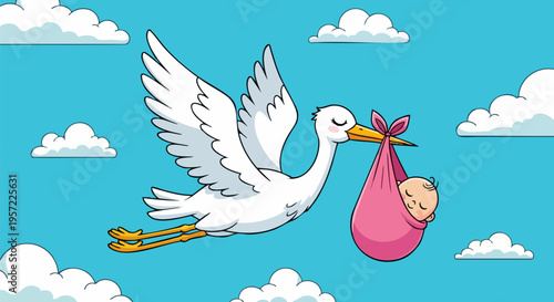 Cartoon Stork Delivering Baby Vector Illustration for Birth Announcement and Maternity Design
