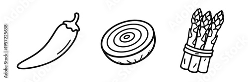 Outline set with chili pepper, onion ring and asparagus bundle. Modern food vector collection for cooking themes, grocery labels, recipe cards and fresh ingredient branding.