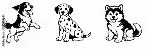 Set of three cute puppy illustrations in black and white, including playful, spotted and fluffy dogs. Adorable pet character collection for nursery, stickers and animal themes.