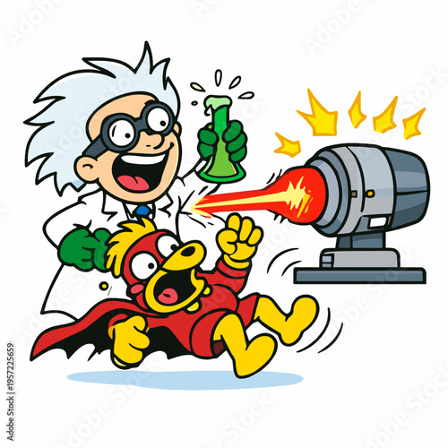 A wild scientist cartoon fires a futuristic ray machine at a shocked superhero sidekick. Comic action scene conveys chaos, invention, danger, and playful retro villain storytelling.