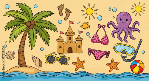 Summer Beach Vacation Elements Vector Set with Palm Tree, Sandcastle, Octopus, and Swimwear