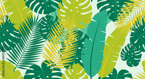 Vibrant tropical leaves arrangement in jungle foliage ecosystem closely viewed