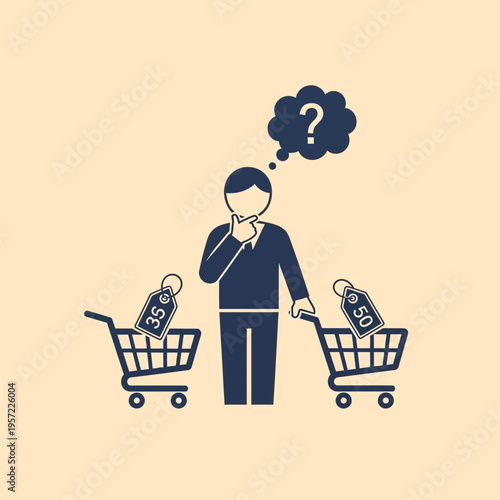 Person contemplating shopping choices with two shopping carts and price tags.