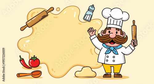 Happy Cartoon Chef with Rolling Pin and Baking Ingredients Vector Illustration for Recipe Background