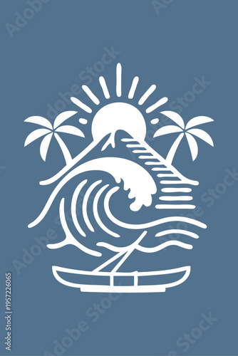 Logo agencia de viajes. Vacaciones en Hawái. Dibujo con líneas de un paisaje con la palma, montaña, sol, canoa y olas de mar con fondo azul 