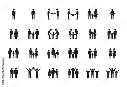Diverse family and relationship pictograms set including couples parents children and social group silhouettes