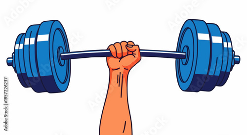 Strong hand lifting blue barbell with weight plates, symbolizing strength, fitness, and power vector