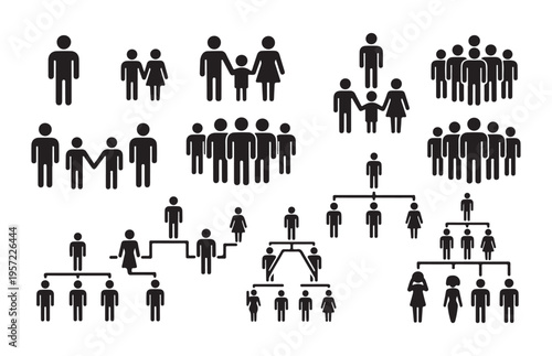 People vector icon set in flat style, family, couple, single person, group, organization chart