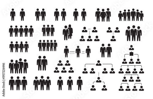 People vector icon set in flat style, family, couple, single person, group, organization chart