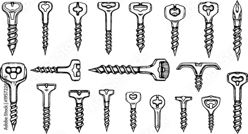 Hand-Drawn Screws  Fasteners: Detailed Sketch Illustration of Various Screw Types for DIY, Construction, and Hardware Concepts