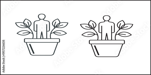 Two simple line drawings of human figures in potted plants with leaves