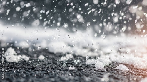 Melting snow turning into rain on asphalt road. Spring transition with freezing liquid precipitation. Climate change and weather environmental shift. Seasonal thaw background.