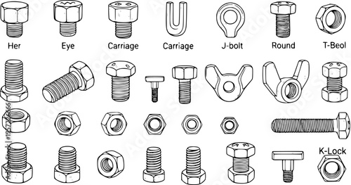 Line Art Illustration of Various Bolts, Nuts, and Fasteners Collection