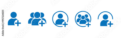 Add new user, team, and member icon set with plus sign. people group outline symbol illustration in blue