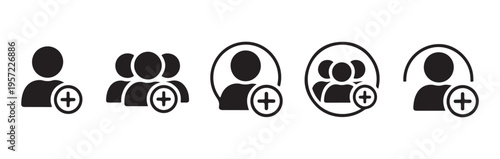 Add new user, team, and member icon set with plus sign. people group solid glyph symbol illustration in black