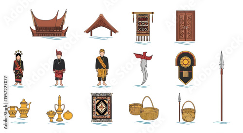 Traditional Asian cultural heritage icons set.