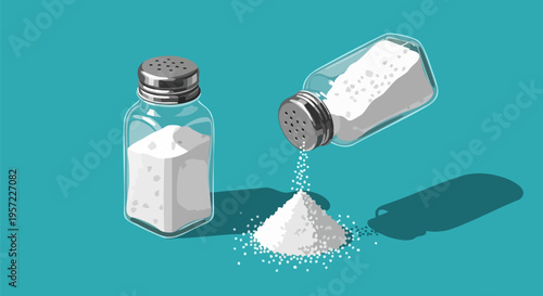 Isometric vector illustration of a glass salt shaker pouring white salt onto a pile on a teal background