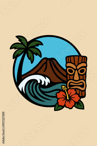 Logo agencia de viajes. Vacaciones en Hawái. Dibujo con líneas de un paisaje con la palma, volcán, ídolo tiki, playa, flor de hibisco y olas de mar en círculo 