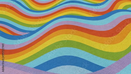 A vivid rainbow seamless pattern flows with retro 60s and 70s style color stripes in a vintage psychedelic wave design.