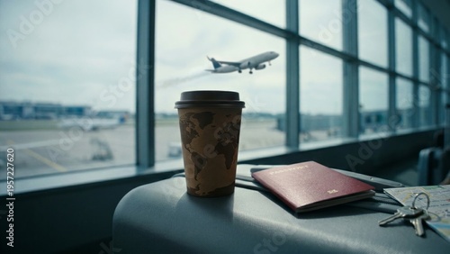Coffee cup sits next to the passport and key and plane taking off in the background, a moment captured within a bustling airport environment.
