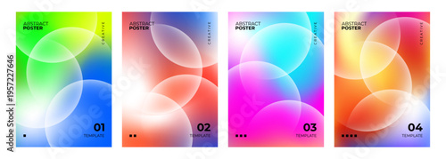 Set of futuristic abstract posters. Vibrant blurred gradients and defocused white spheres for creative graphic design. Vector illustration.	