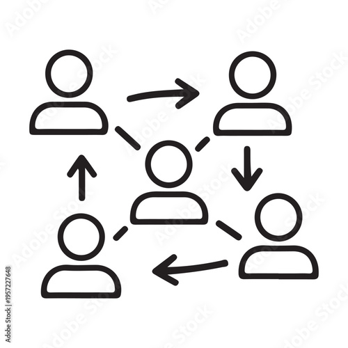 Linear team management icon showing five connected people with arrows for delegation and workflow direction