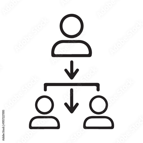 Hierarchical tree diagram icon showing top down management flow from one leader to two subordinate employees