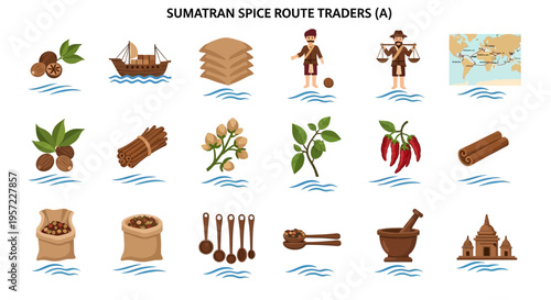 Sumatran spice route traders illustration set.
