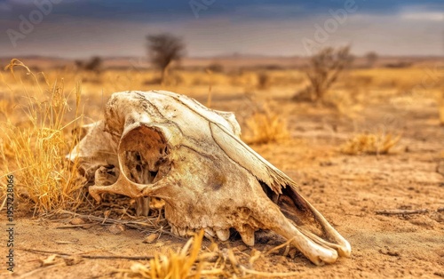 Partially Buried Dehydrated Elephant Skull on Sunbaked Earth