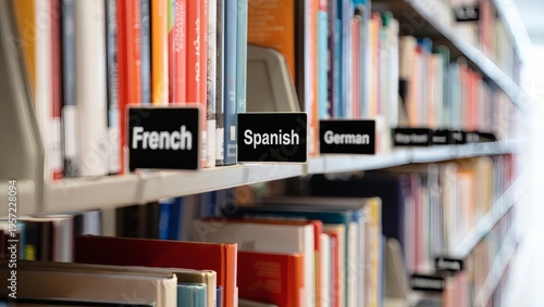 Language books on library shelves with French, Spanish, and German labels